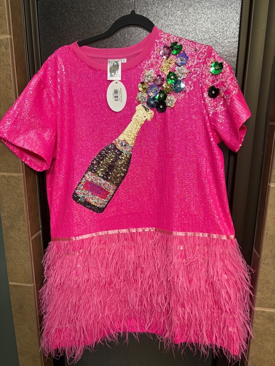 QUEEN OF SPARKLES Dresses & Skirts - QUEEN OF SPARKLES Hot Pink Sequin Mini Dress with Multicolor Embellished Bottle